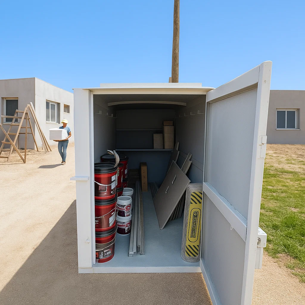 Interior de obrador Obrabox con herramientas y materiales